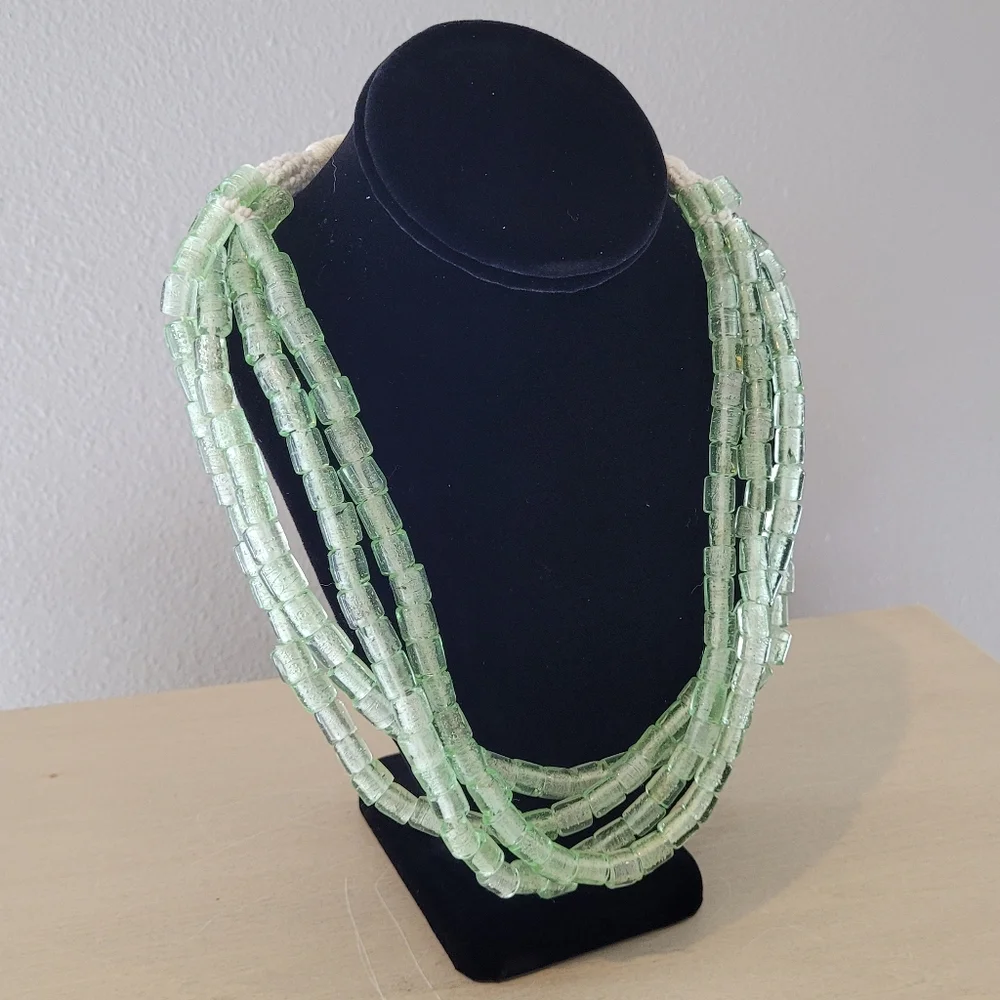 Artisan green glass bead multi strand necklace with cord and button